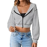 Remidoo Women's Zip Up Hoodie Cropped Sweatshirt Casual Contrast Trim Long Sleeve Tops