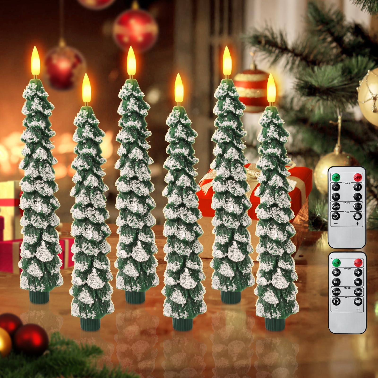 Photo 1 of 6 Pack Flameless Christmas Tree Candles with Remote – Battery Operated Snowy Tree LED Candles, 3D Flickering Flame, Safe Holiday Home Decor for Christmas Decorations & Gifts