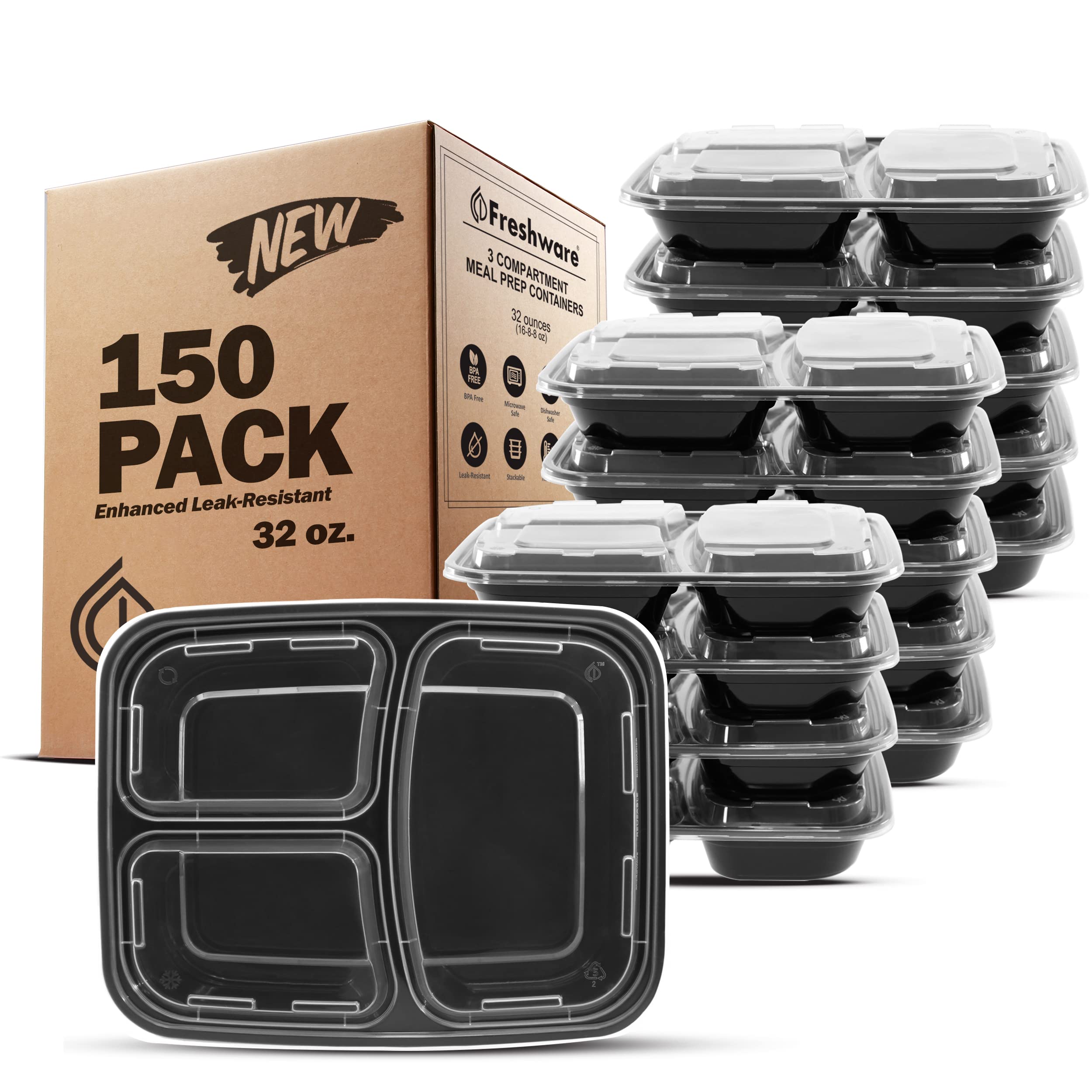 Photo 1 of ****PARTIAL SET***** Freshware Meal Prep Containers [150 Pack] 3 Compartment Food Containers with Lids, Bento Box, Stackable, Microwave/Dishwasher Safe (32 oz)