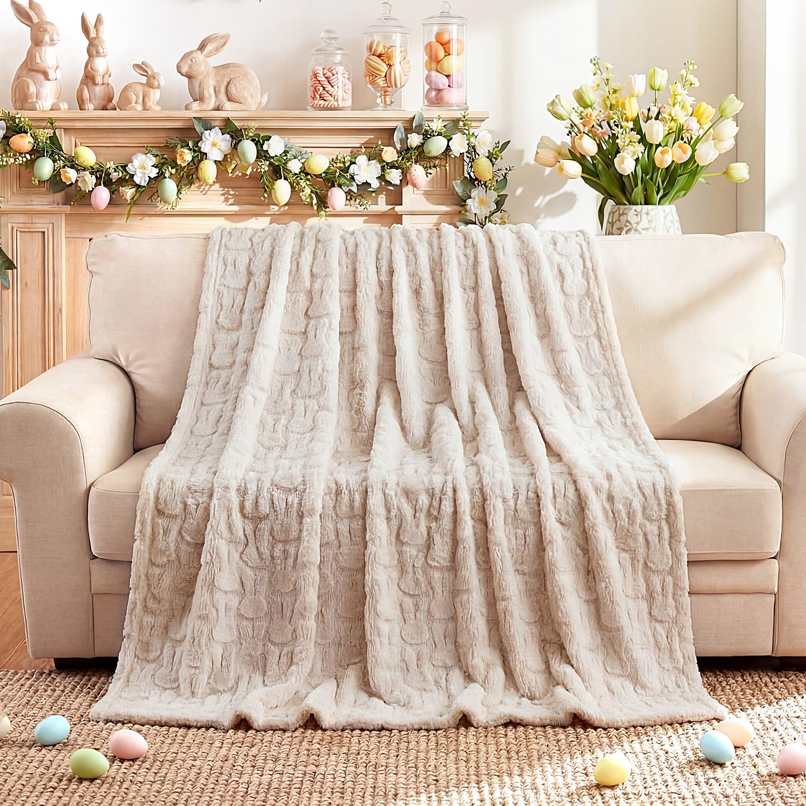 Photo 1 of Moukeren Spring Easter Bunny Throw Blanket 50" x 60" - 3D Jacquard Bunny Throws, Cozy Soft Rabbit Spring Plush Easter Gifts for Living Room Couch Sofa Bed Decor(Cream)