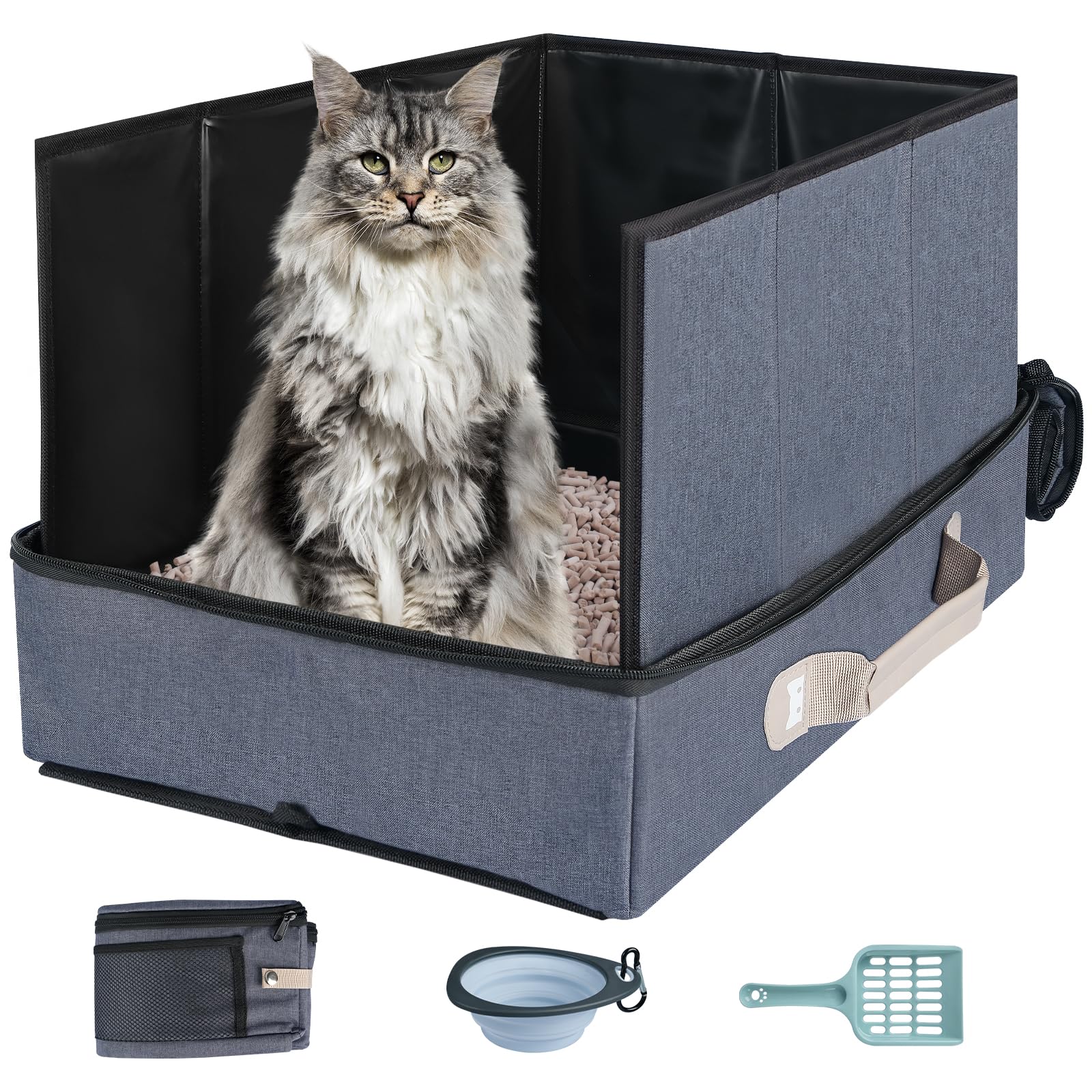 Photo 1 of 17.7 x 13.5 x 13.75 Travel Litter Box for Cats, Portable Litter Box with Pee Shield & Hard Bottom, Collapsible Cat Litter Pan for Travel, Car, Hotel, Leak-Proof Design, Water-Resistant, Easy Cleaning