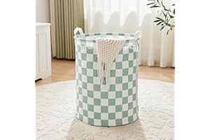 Ohocut Sage Green Checkered Laundry Basket, Collapsible Aesthetic Cute Canvas Organizer Hamper Basket for Storage, Toy Bins, 
