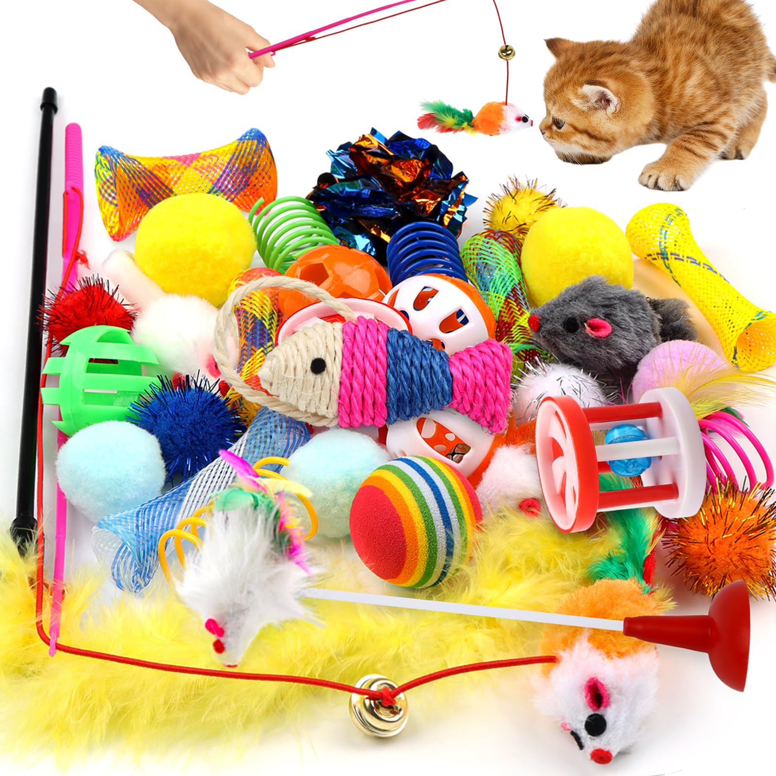 QUOZUO Cat Toys Kitten Toys Assortments, 32 Packs Interactive Cat Toy Variety Pack for cat, Cat Wand toy, Cat Crinkle Balls with Bells, Cat Spring Toy, Catnip Toys for Indoor Cats Kittens
