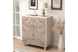 COSIEST 32" W Sideboard Buffet Cabinet with Storage, Accent Cabinet with 2 Push-to-Open Magnetic Doors, Vintage MDF Buffet Table for Living Room, Kitchen, Hallway (Gray,Lotus Pattern)