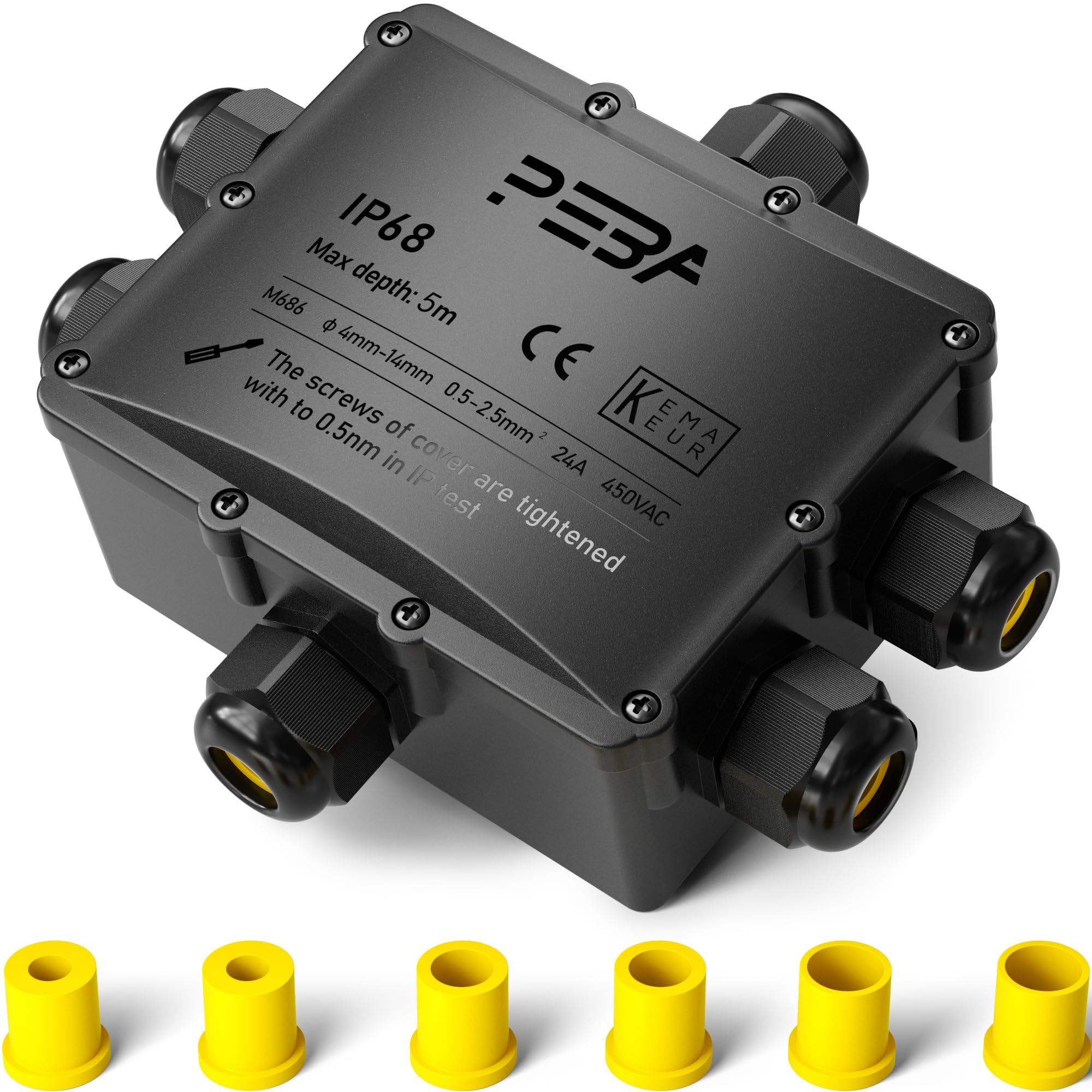 PEBA® IP68 Waterproof Junction Box, Outdoor Cable Connector - 6-Way Extension for Cable Diameter Ø4mm-14mm, Black