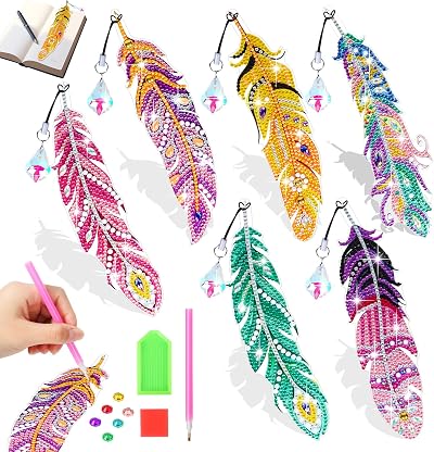 Jovicos 5D Diamond Painting Bookmarks Kit Feather Shape 6 Pcs for Girls