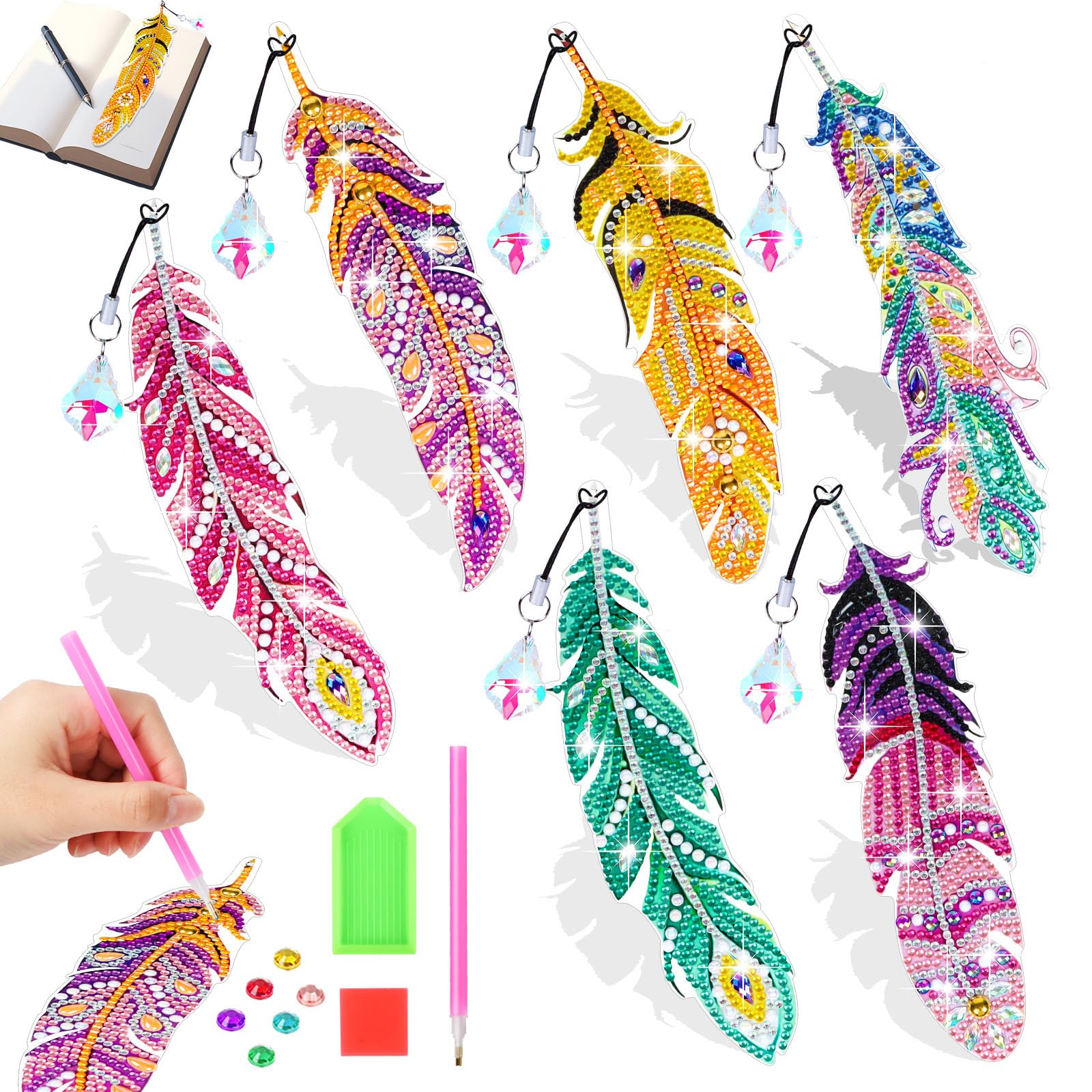 Jovicos Arts and Crafts Kits, Gift for Girls Age 7 8 9 10, DIY Diamond Art Kits with Crystal Pendant, 5D Diamond Painting Bookmarks Feather Shape (6 PCS)