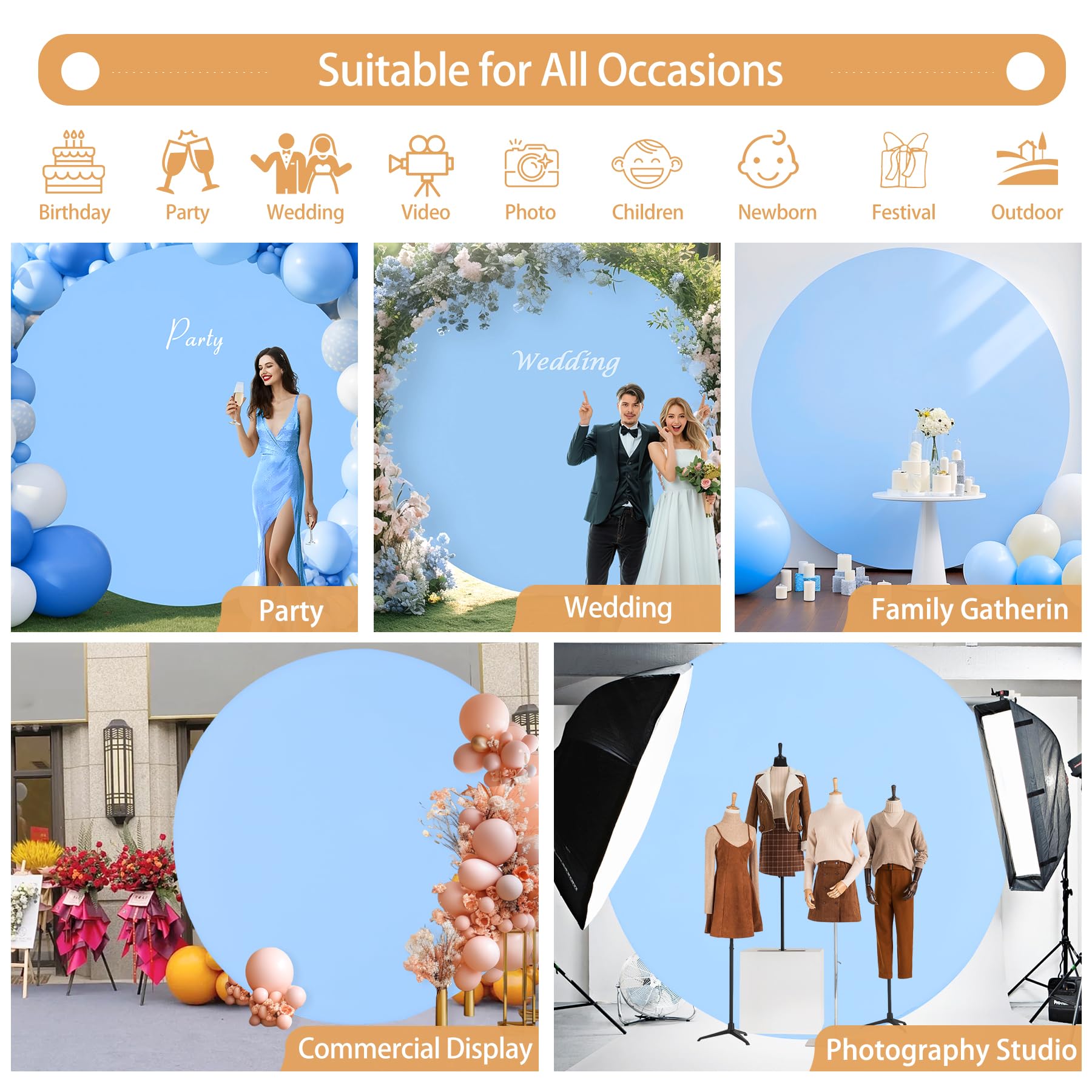 Gallety 7.2 FT Baby Blue Round Backdrop Cover for 5 to 7.2ft Round Backdrop Stand - Adjustable Circle Arch Background Cover for Wedding Arch Birthday Themed Parties Photography Decoration