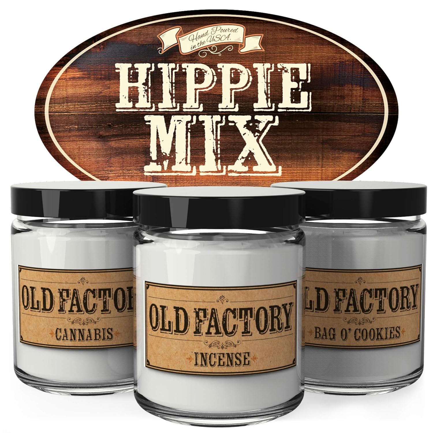 Old Factory Scented Candles - Hippie Mix - Set of 3: Cannabis, Incense, and Bag O Cookies - 3 x 4-Ounce Soy Candles - Each Votive Candle is Handmade in the USA with only the Best Fragrance Oils