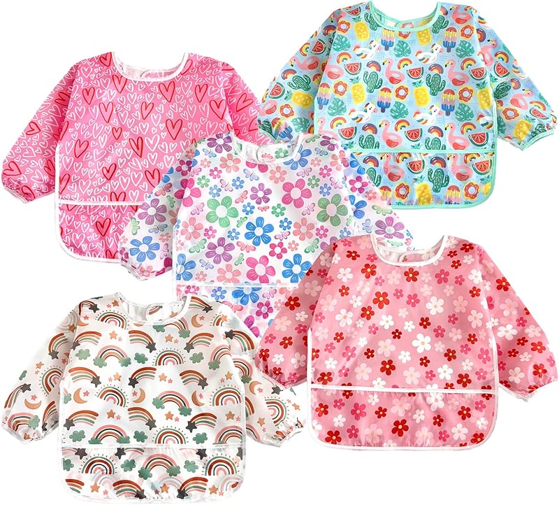 PandaEar 5 Pack Baby Long Sleeve Waterproof Bibs 6-36 Months
