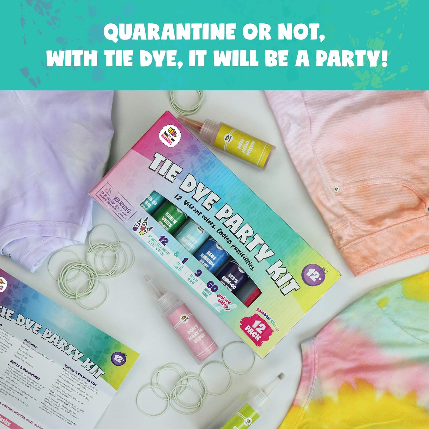 Doodlehog Easy Tie Dye Party Kit for Kids, Adults, and Groups. Create Vibrant Designs with Non-Toxic Dye. 12 Colors Included! Beginner-Friendly: Just Add Water! Dye up to 10 Medium Kids T-Shirts!: Arts, Crafts & Sewing