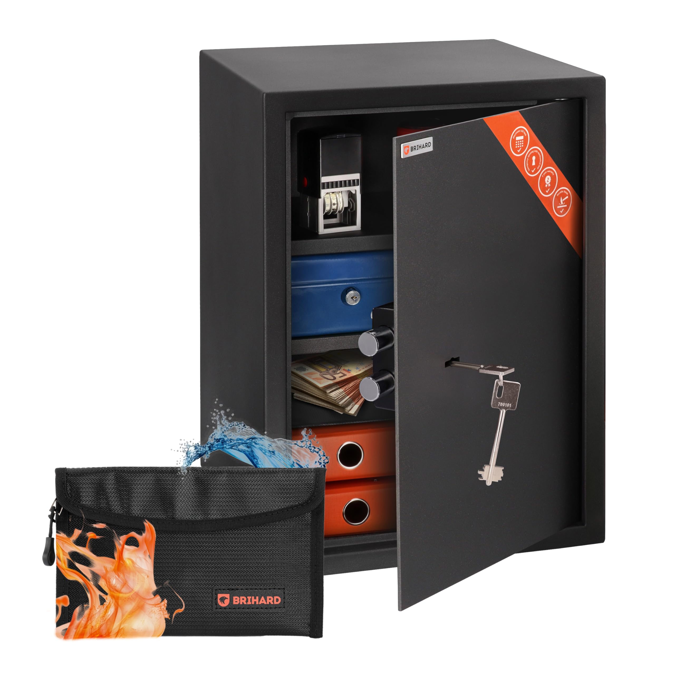 Brihard Business XL Key Lock Safe 50x35x36cm with Fireproof Money Bag, Big Office Safe 60L for Documents A4 with 2 Height-Adjustable Shelves, Large Key SafeBox for Money & Jewellery