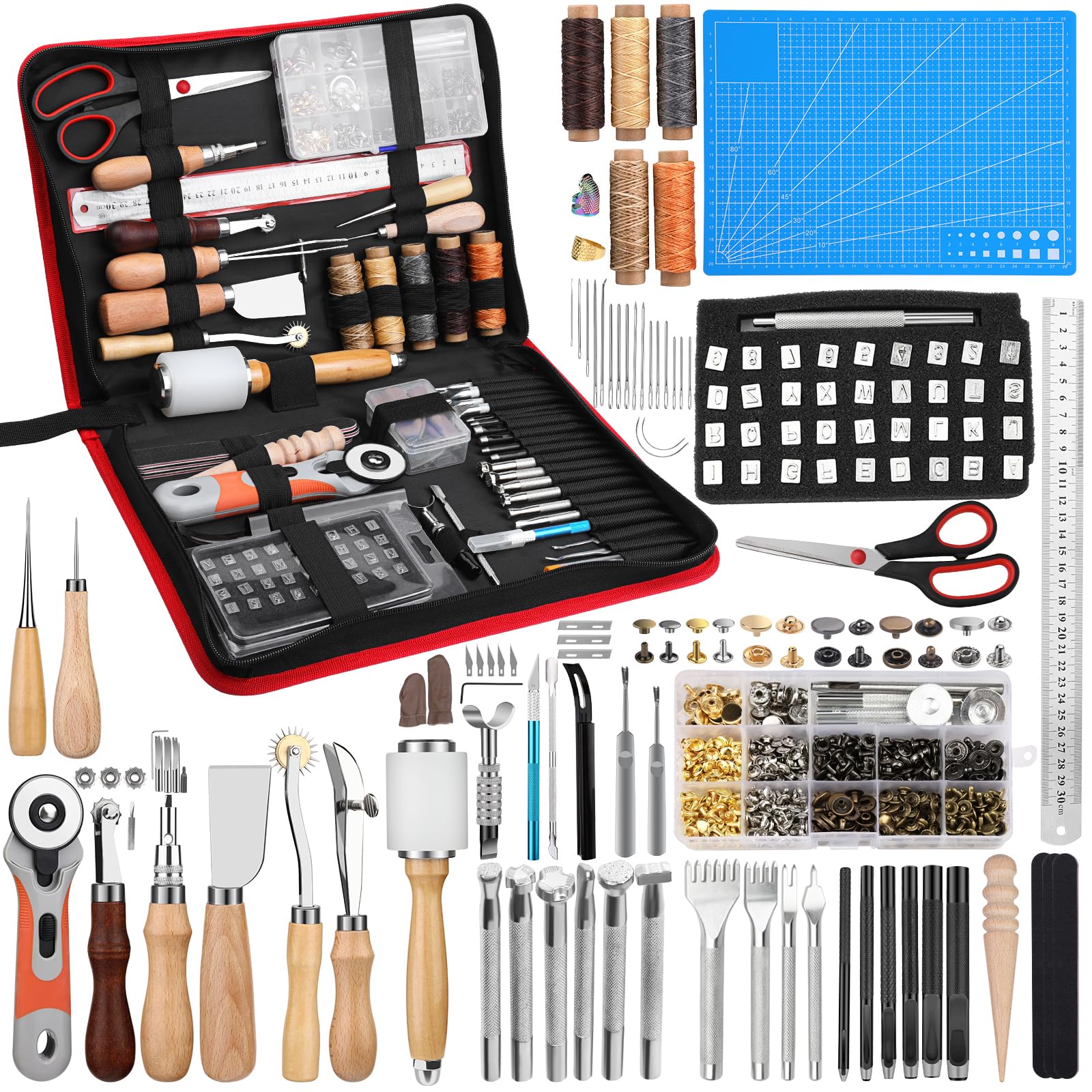 Photo 1 of *** PHOTO REFERENCE***SOCNITC Leather Craft Tools, Leather Working Kit with Snaps and Rivets Kit Stamping Tools Stitching Groover Waxed Thread Punch Hole for Leathercraft Adults, Beginners
