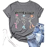 Let's Go Ghouls Shirt Women Halloween Dancing Skeleton Ghost Graphic Tee Funny Letter Print Short Sleeve T-Shirt