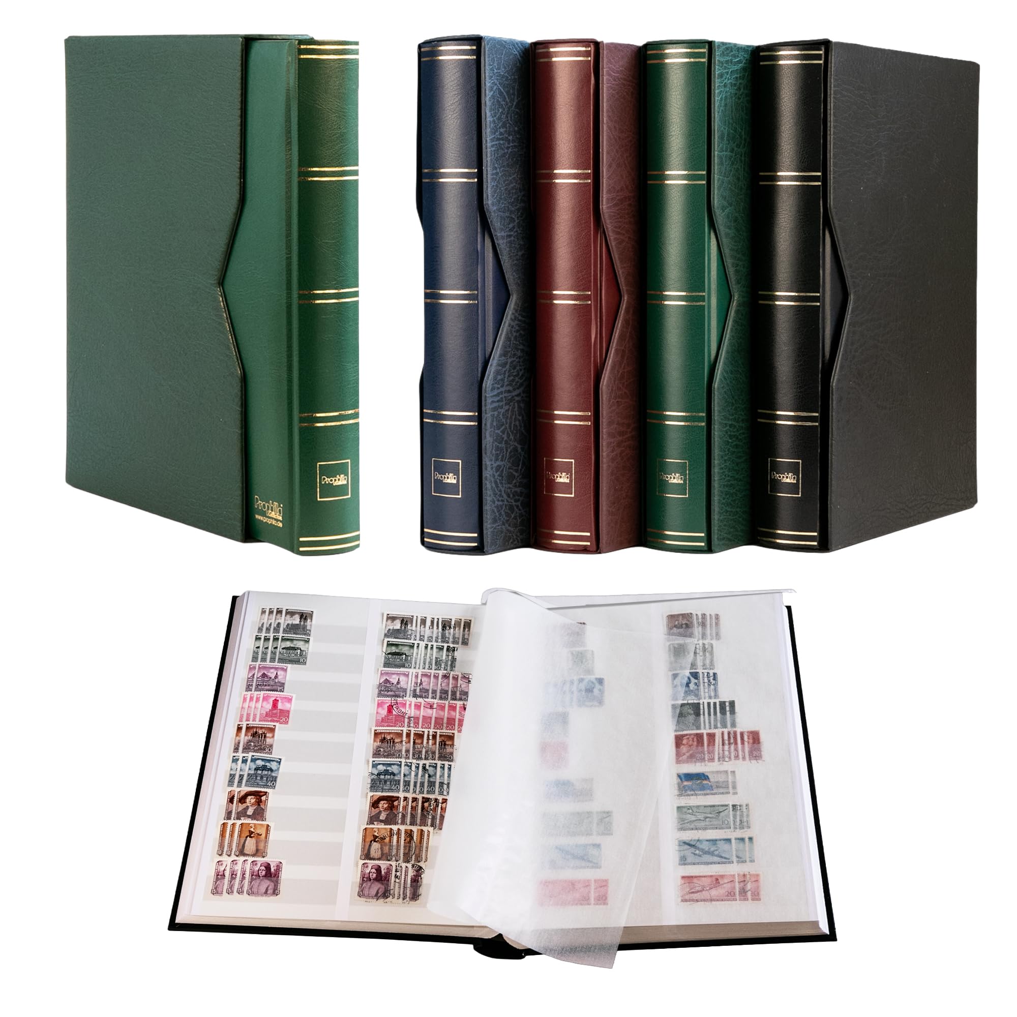 Prophila stockbook 60 white divided sides padded with slipcase green