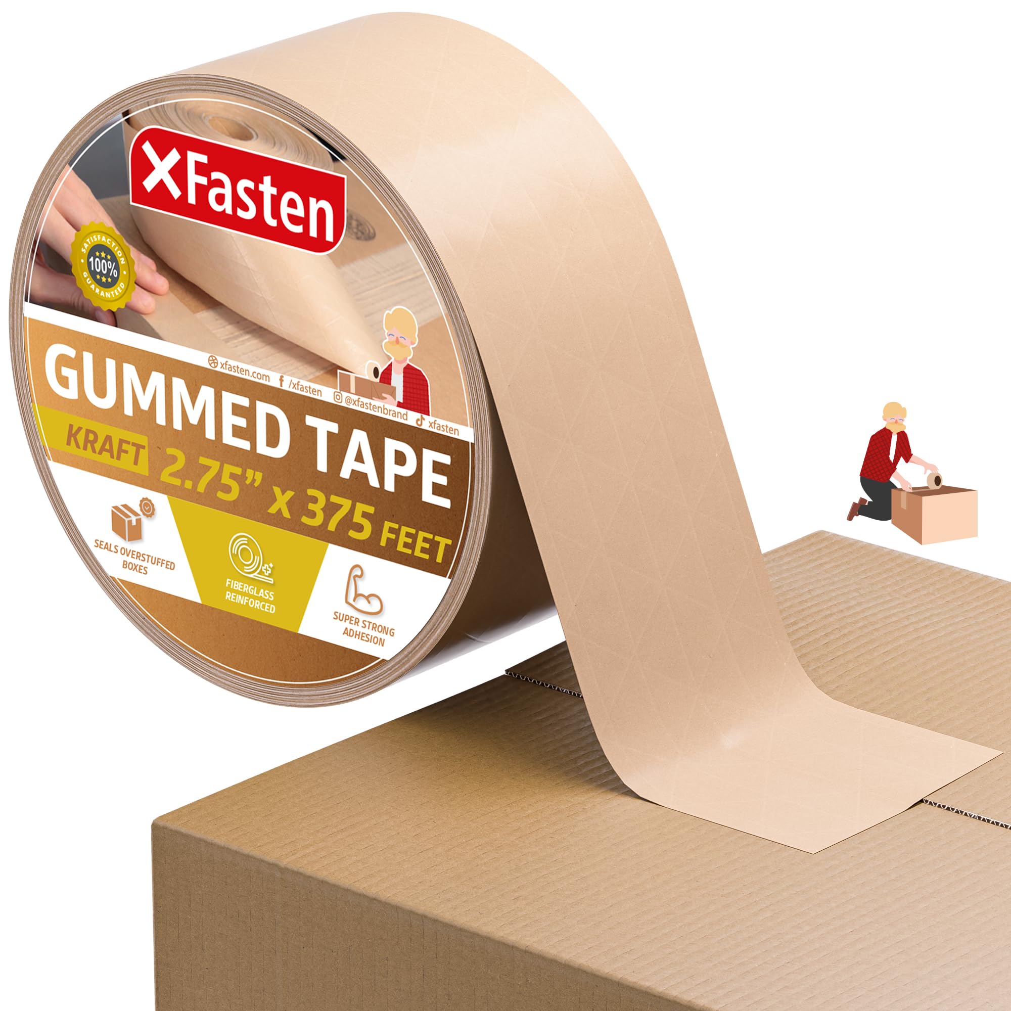 Photo 1 of XFasten Brown Paper Packing Tape - 2.75-Inch x 375-Feet, Water Activated, Reinforced for Moving & Packing Boxes