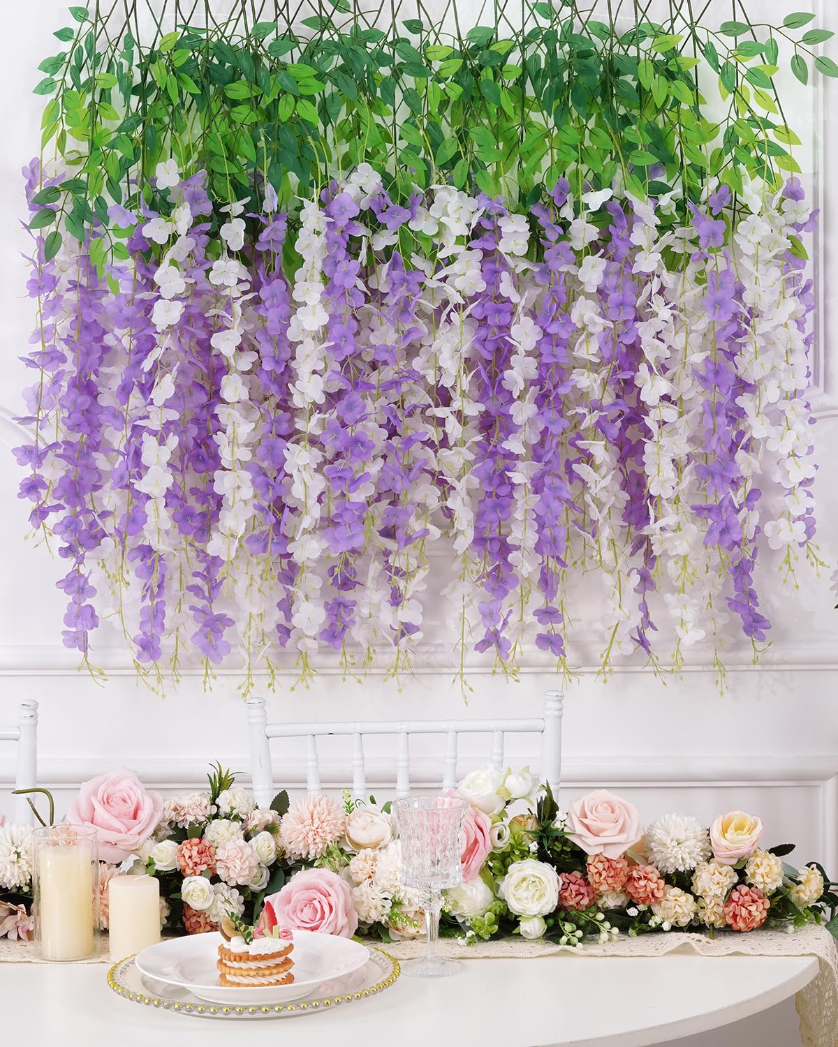 Photo 1 of Waipfaru 12 Pack White Purple Wisteria Hanging Flowers, 3.6 Feet/Pcs Artificial Vines, Fake Garland for Bedroom Wedding Home Party Wall Decoration
