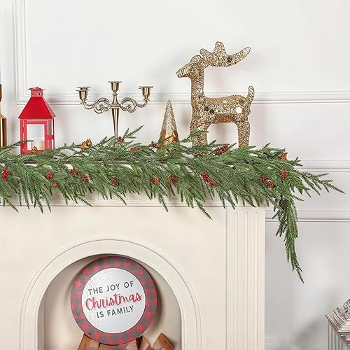 SHareconn 9FT Realistic Christmas Nixon Garland with Pine Cones and Red Berries, Artificial PE Greenery Decor for Mantel, Stairs, Table, Wall, Indoor and Outdoor Xmas Decorations