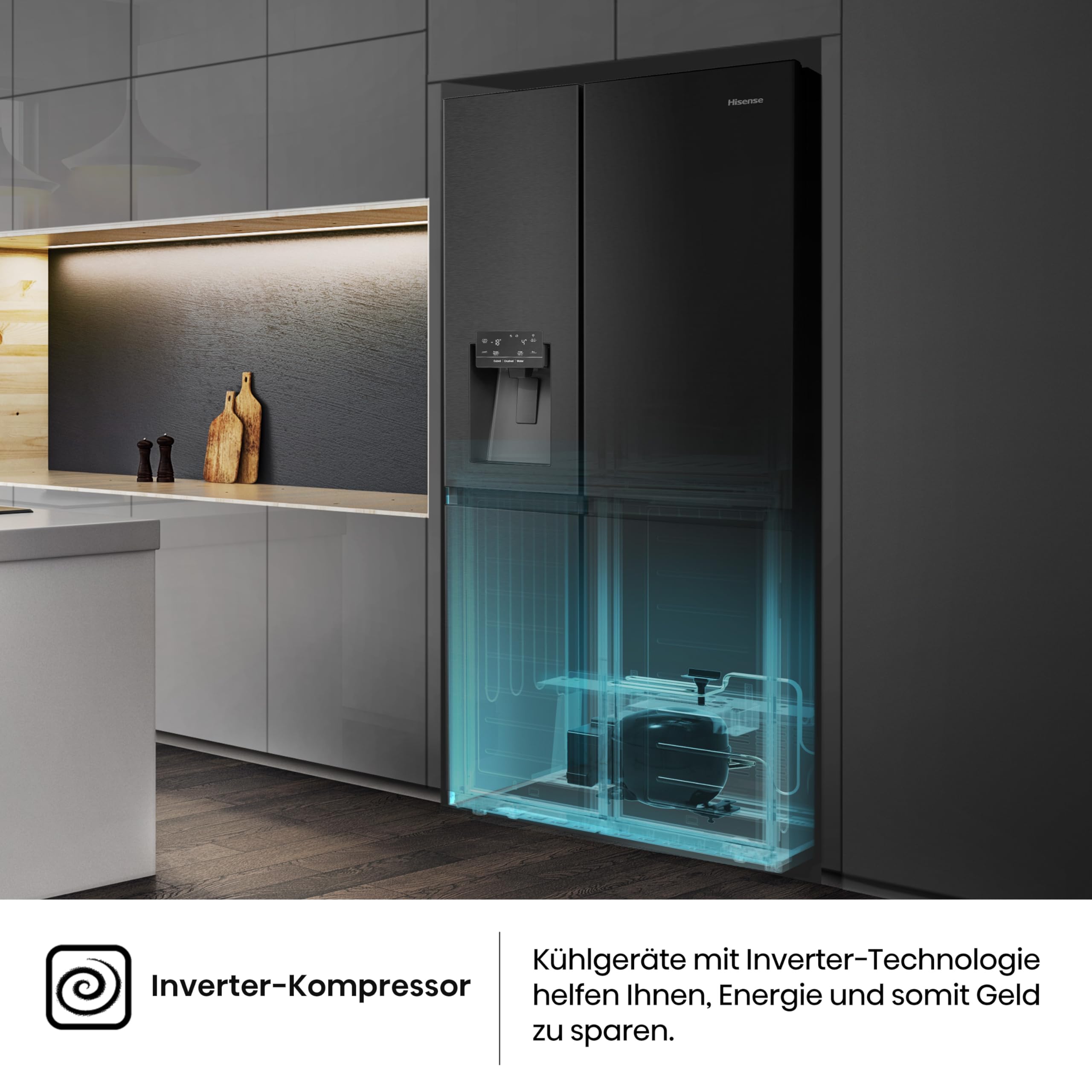 Hisense RS818N4TFC Side by Side – Kühl-Gefrierkombination, EEK C, Eis-Wasserspender, LED Display, Total No Frost, Multi Air Flow, Fast Freeze, schwarz 9