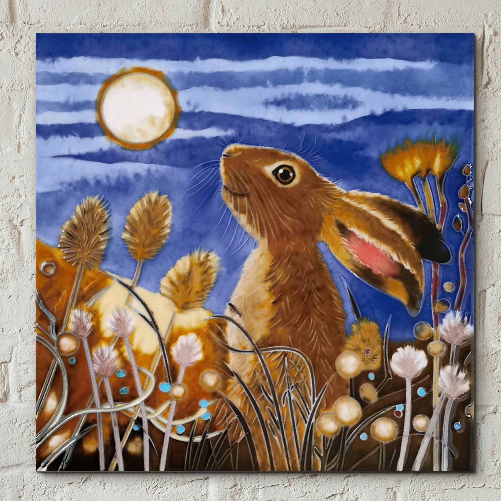 Prezents.com Misty Moon Hare by Judith Yates Ceramic Wall Art Tile, 1 count, Light Brown, Cottage, Animal Print, Rectangular, 0.6 cm Thick, Glazed, Square Edge, Nail-Up