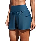 ATTRACO Women Swim Shorts Side Split Swim Trunk 2 in 1 Board Shorts with Pockets Swim Bottom