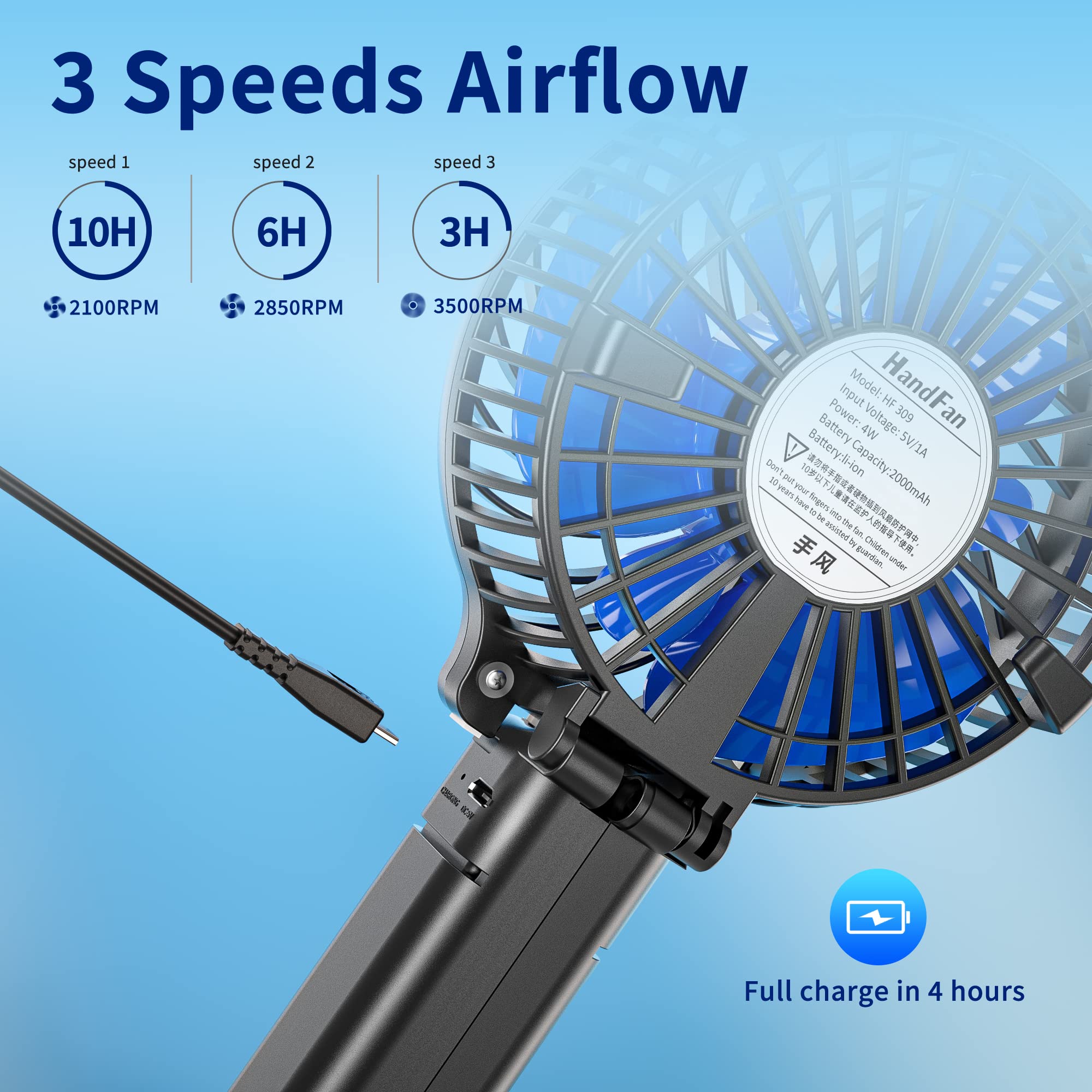 HandFan Portable Handheld Fan, Mini Personal Fan, Battery Operated Cooling Rechargeable, 180° Foldable Small Hand Fan, USB Powered, for Home, Office, Outdoor, Hiking, Travel, Stroller(Black&Blue)