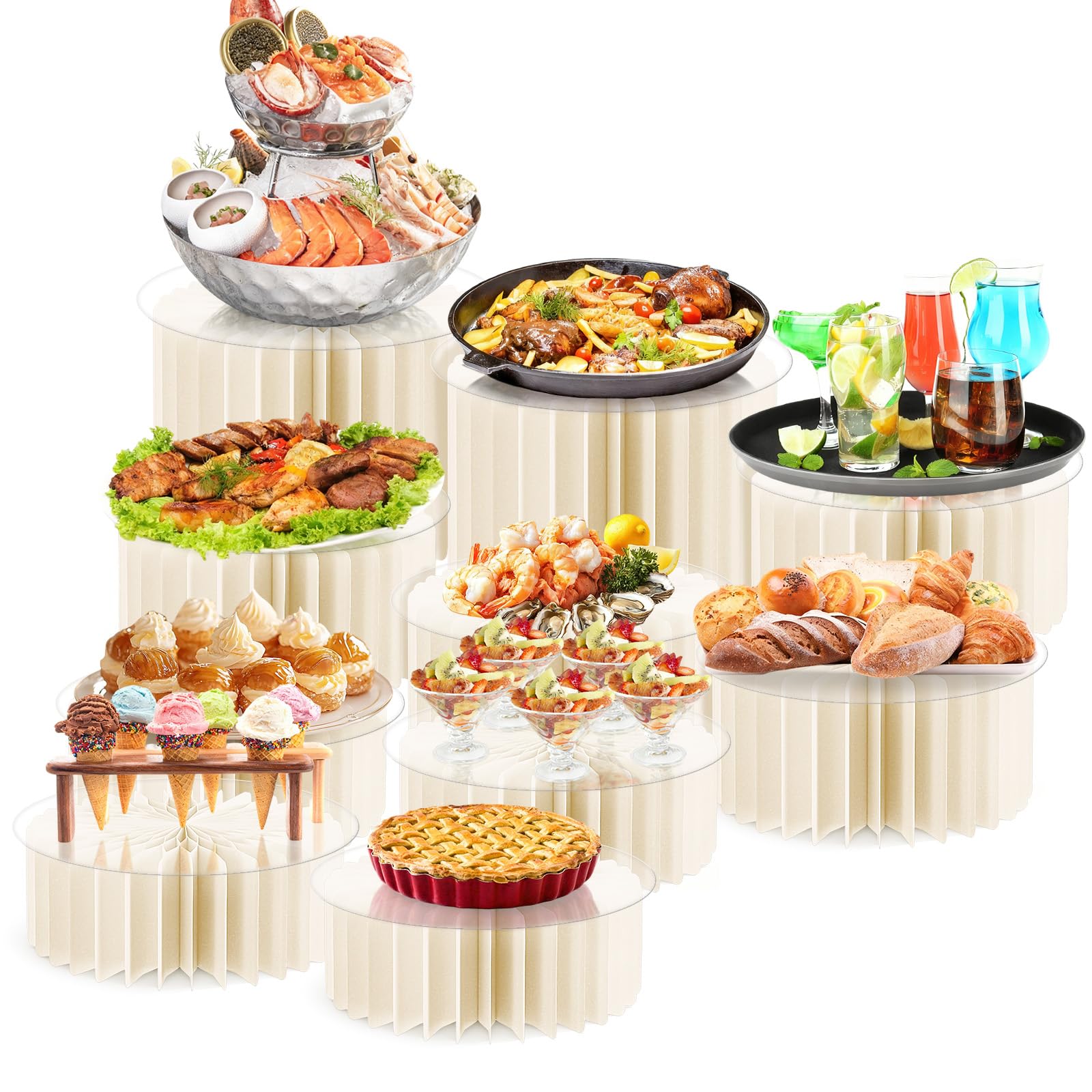 Photo 1 of 10 Pcs Buffet Risers, Acrylic & Cardboard Foldable Table Food Display Stands with Acrylic Plates Risers for Catering Dessert Cake Jewelry for Wedding Birthday Christmas Party Decorations White