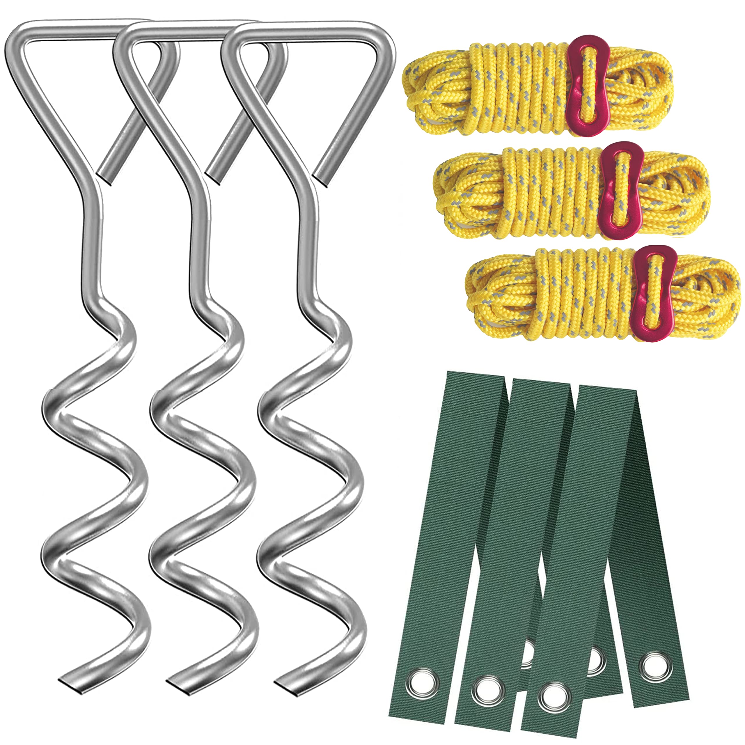 Aoipend Heavy Duty Tree Stakes Kit, Supports for Leaning Tree 3pcs Spiral Metal Stakes-3pcs Tree Straps-40ft Reflective Guy Lines Resistant to Strong Winds Anchoring Kits for Young