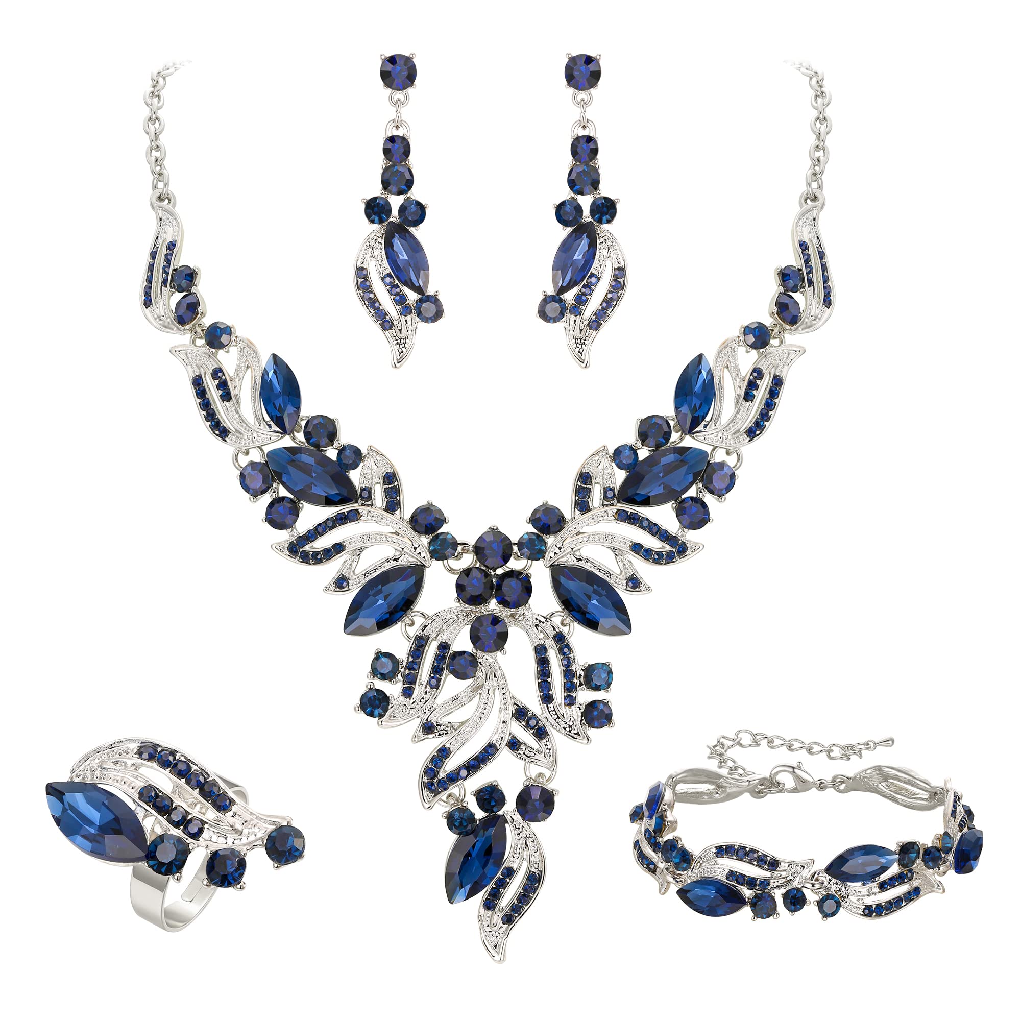 Ever Faith Costume Party Jewelry Art Deco Marquise Sparkly Rhinestone Crystal Y-shaped Necklace Dangle Earrings Bracelet Cuff Ring Set for Prom Blue Silver-Tone
