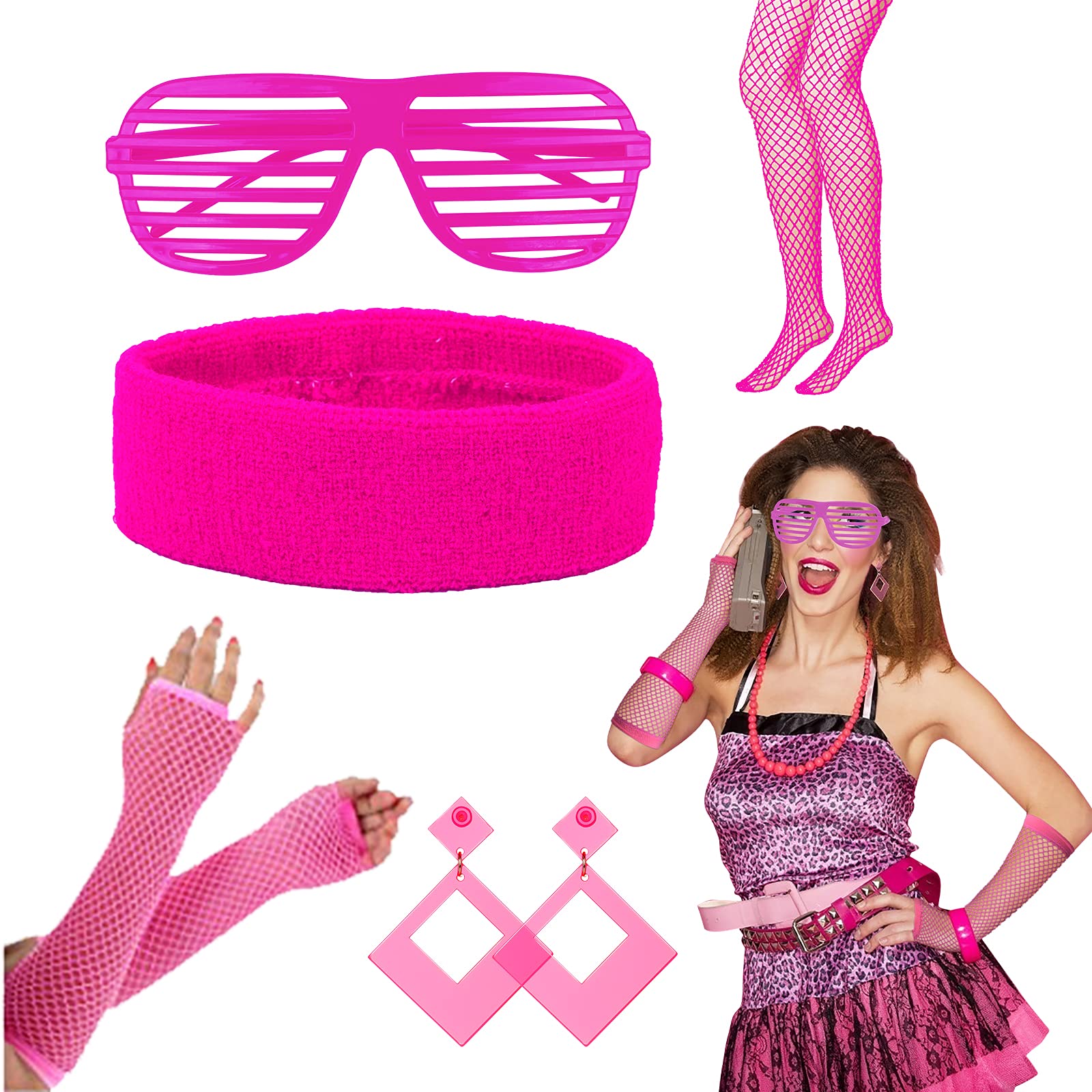 HAMOOM 7Pcs 80s Fancy Dress Accessories Set,80s Fancy Costume Accessories for Women Pink Earrings Fishnet Gloves Stockings Headband Glasses Neon Accessories Set for 1980s Retro Party Pink Ladies