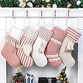 GEX Christmas Stockings 5 Pack for Family 20" Large Rustic Farmhouse Country Red Xmas Stockings with Tassels Hanging Ornament Decorations for Fireplace Xmas Season (Red, Set of 5)