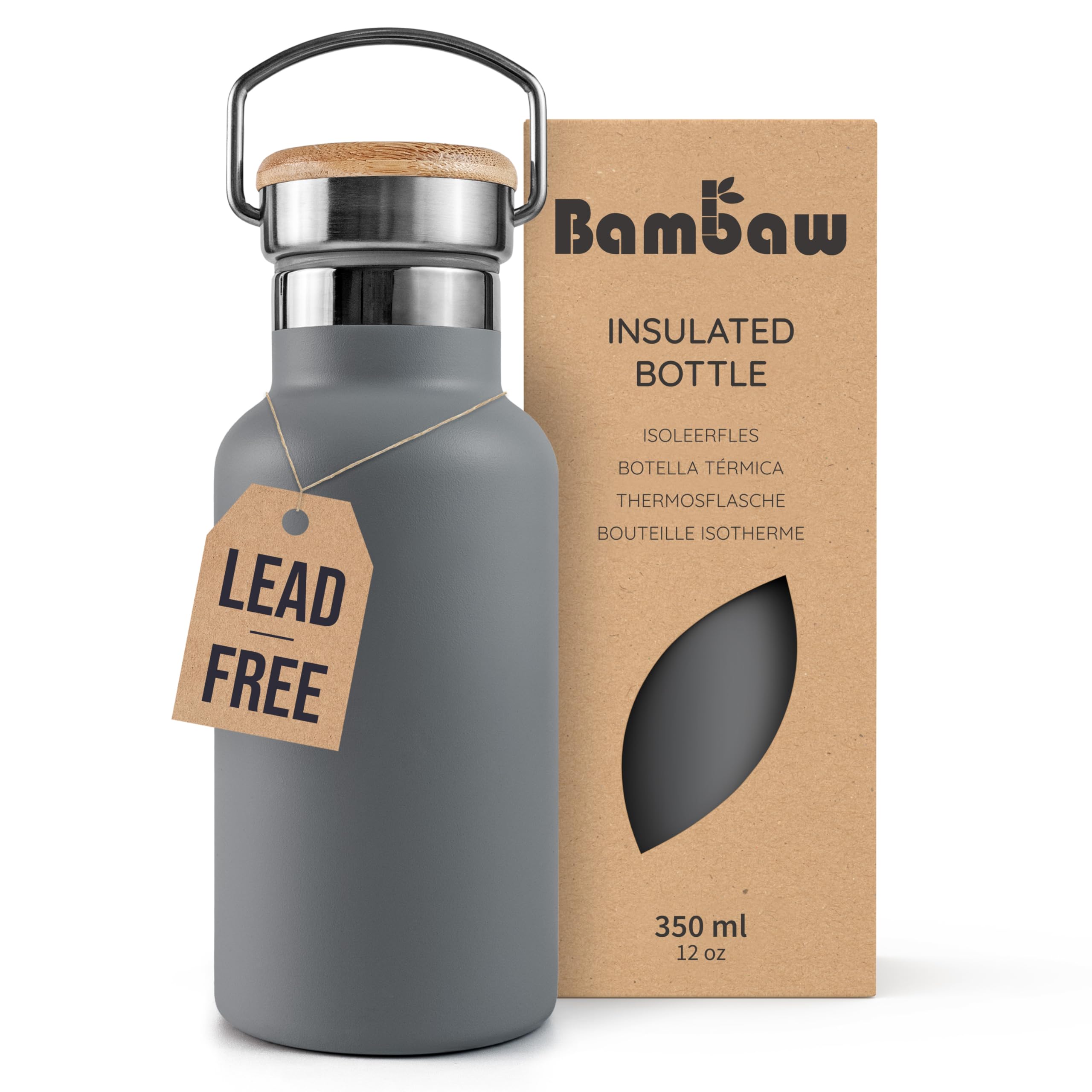 Bambaw Insulated Metal Water Bottle 350ml, Small Stainless Steel Water Bottle 350ml, Keeps Drinks Hot 12h & Cold 24h, Easy to Clean & Fits Cup Holder, Leak-Proof & Great for Travel (Stormy Gray)
