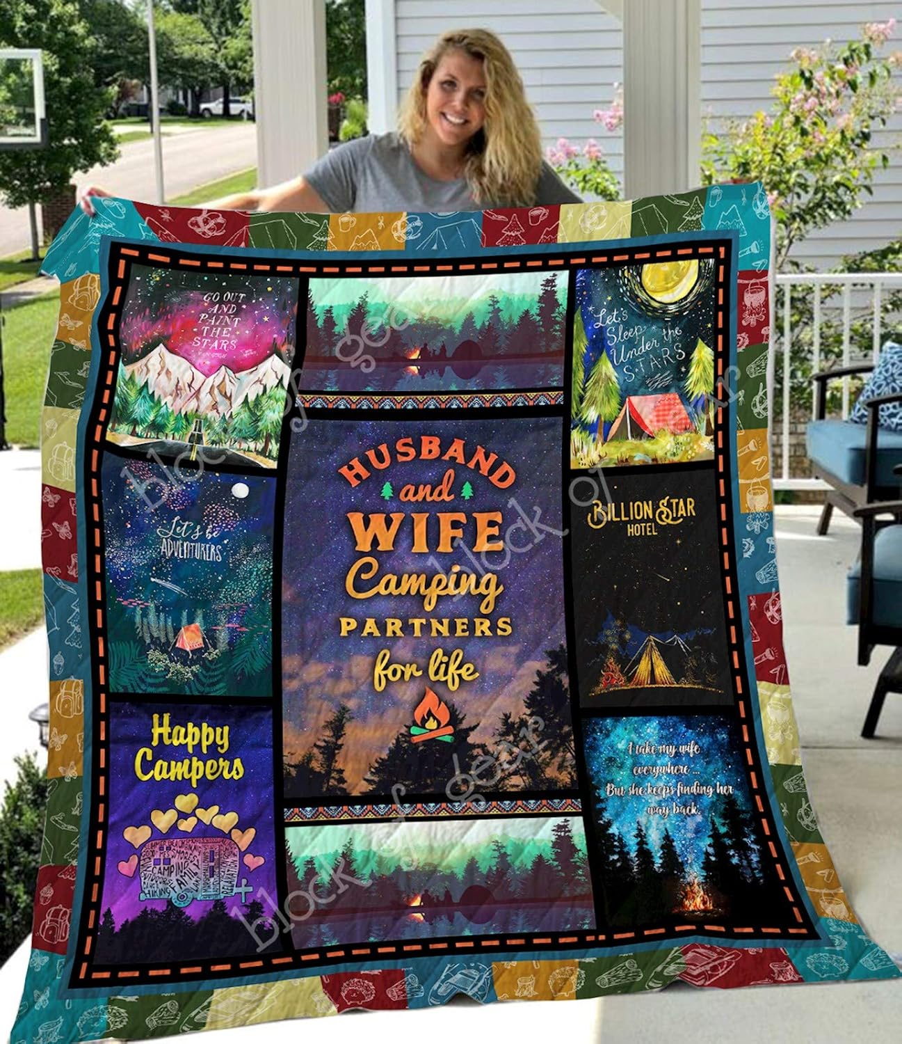 Husband and Wife, Camping Partners for Life Quilt TH677, Queen All-Season Quilts Comforters with Reversible Cotton King/Queen/Twin Size - Best Decorative Quilts-Unique Quilted for Gifts