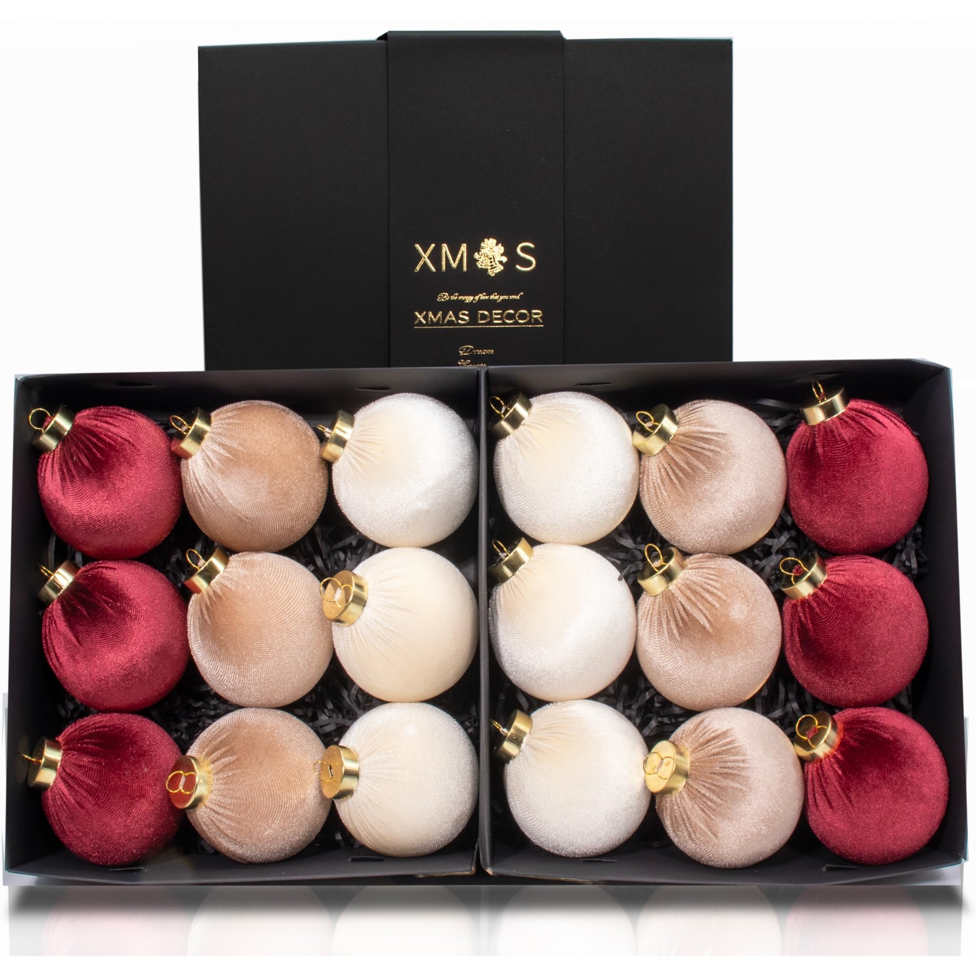 Photo 1 of 18PCS Velvet Christmas Ornaments Set – Large Matte Flocked Shatterproof Baubles for Xmas Tree Decoration, Luxury Hanging Ornaments for Holiday & Home Décor (Red, Brown, White, 3 Inch / 8 cm)