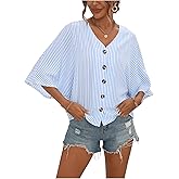 SOLY HUX Women's Striped Shirt V Neck Button Down 3/4 Sleeve Casual Blouse Tops