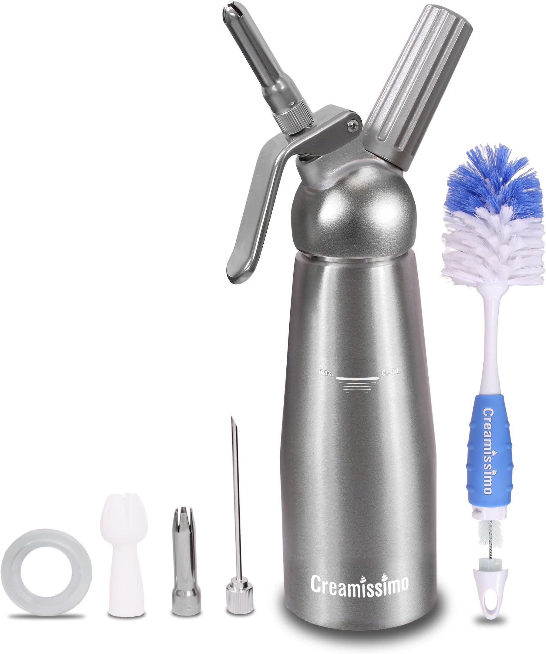Whipped Cream Dispenser- Professional Cream Whipper 1 Pint with 2 Stainless steel Nozzles and 1 INJECTOR TIP, Uses N2O Cartridges (Not Included), comes with a Dual Head Cleaning Brush