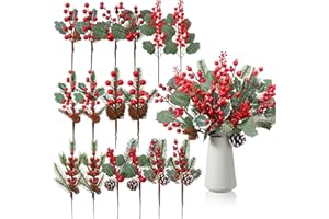 Solsew 16 Pcs Christmas Pine Cones Picks Artificial Berries Sprays Branches Faux Greenery Floral Stems Snowy Holly Pine Needles for Xmas Tree Wreath Garland Craft Decor(Classic Natural Style)