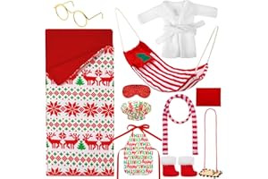 KACCTYEN 11 Pcs Sleeping Bag Christmas Accessory for Elf Doll Include Christmas Doll Sleeping Bag Bathrobe Apron Chef Hat Scarf Glasses Pillow Eye Mask Shoes Mask Hammock for Elf Doll Decor(Retro Style)