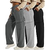 Velvelhall 3 Pack Women's Cargo Sweatpants Wide Leg Baggy Elastic Drawstring Pants Casual Athletic Joggers with 4 Pockets