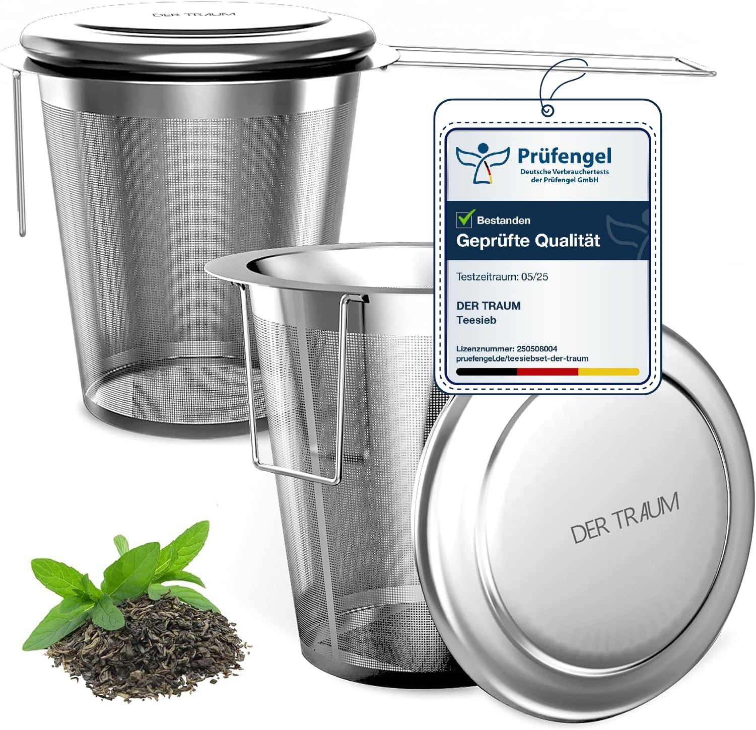 Der Traum Tea Strainer for Loose Tea Made of 304 Stainless Steel - Pack of 2 Tea Strainer for Cup, Tea Filter Stainless Steel with Lid and Foldable Handles - Fine Mesh and Dishwasher Safe