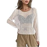 WDIRARA Women's Crochet Sheer Mesh Top Boat Neck Long Sleeve Going Out Tee Shirt