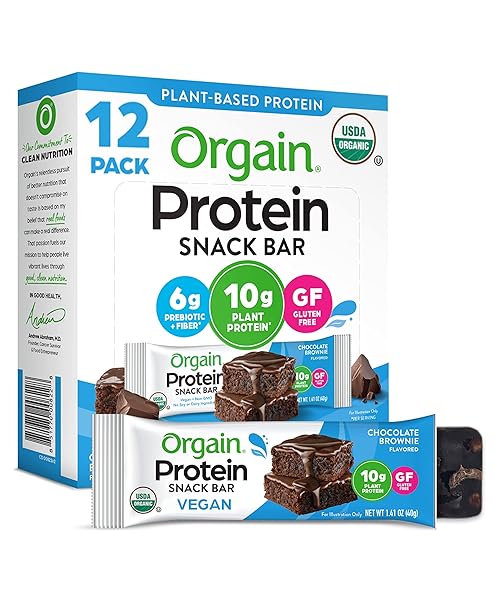 ORGAIN ORGANIC VEGAN PROTEIN BARS, CHOCOLATE BROWNIE – 10G PLANT BASED PROTEIN, LOW CALORIE HEALTHY SNACKS, NO LACTOSE OR SOY INGREDIENTS, GLUTEN FREE, NON-GMO – 1.41 OZ (PACK OF 12)