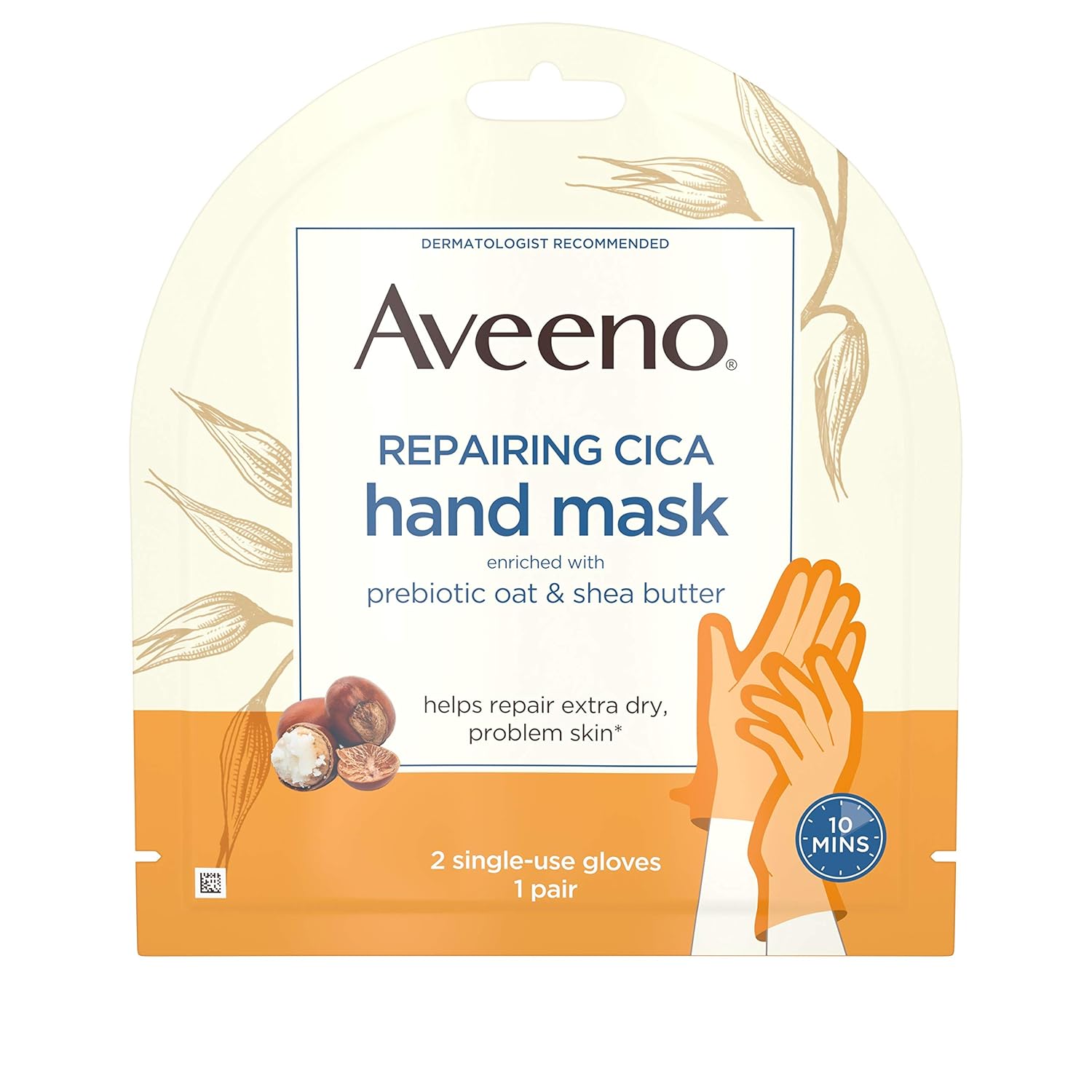 Aveeno Repairing CICA Hand Mask with Prebiotic Oat and Shea Butter for Extra Dry Skin, Paraben-Free and Fragrance-Free, 1 Pair of Single-Use Gloves : Beauty