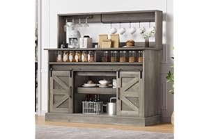 DWVO Farmhouse Buffet Cabinets, 47" Coffee Bar with Goblet Holder & Power Outlet, Sliding Barn Door Sideboard Cabinet for Kitchen & Living Room Storage (Rustic Grey Oak)