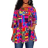 Afibi Womens Print Shirt African Dashiki 3/4 Sleeve Boho Loose Tunic Tops