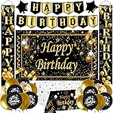 Black and Gold Birthday Decorations, Birthday Party DecoratIons for Men Boys Women Girls with Black Gold Happy Brthday Banner Tablecloth Backdrop Porch Sign Door Decoations Balloons