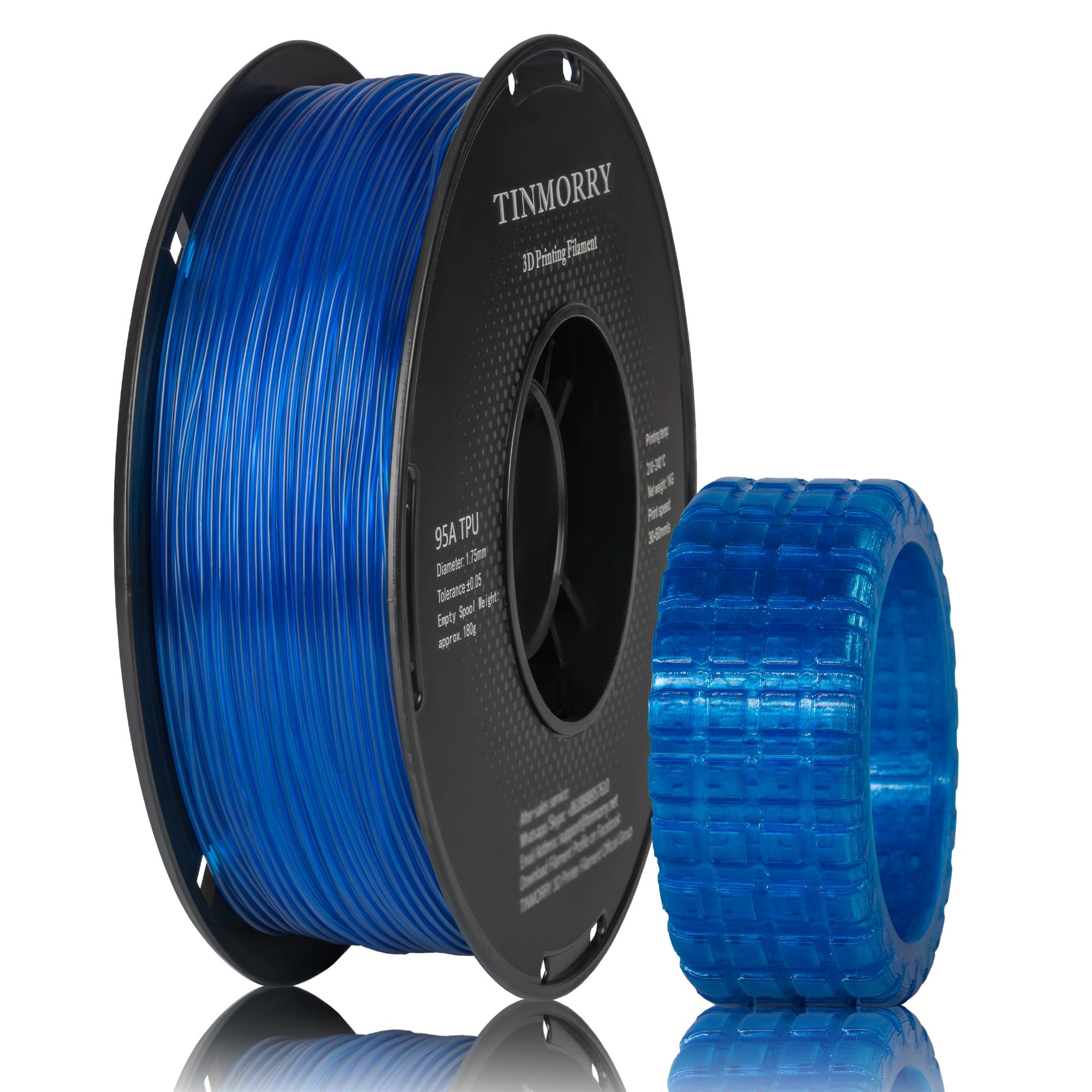 Filament TPU 1.75 mm, TINMORRY TPU Filament 3D Printing Materials for 3D Printer, 1 KG, 1 Spool, Trans-Blue