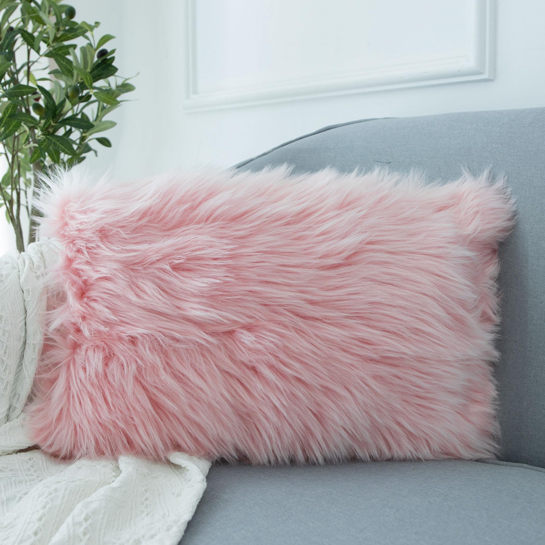 LIGICKY Luxury Series Soft Faux Fur Cushion Cover Decorative Square Plush Pillow Case Throw Pillow Cover for Couch Sofa Bed (Pink, 12 x 20 Inch)