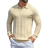 MioRoim Men's Knit Polo Shirts Casual Long Sleeve Polo Sweater Cable Ribbed Knitted Sweaters Vintage Golf Pullover Shirt
