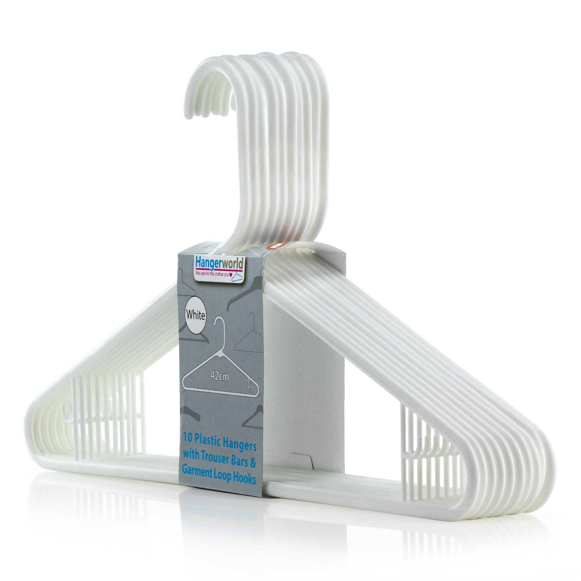 Hangerworld 10 White 42cm Plastic All Purpose Coat Clothes Garment Trouser Skirt Bar Hangers Loop Hooks.